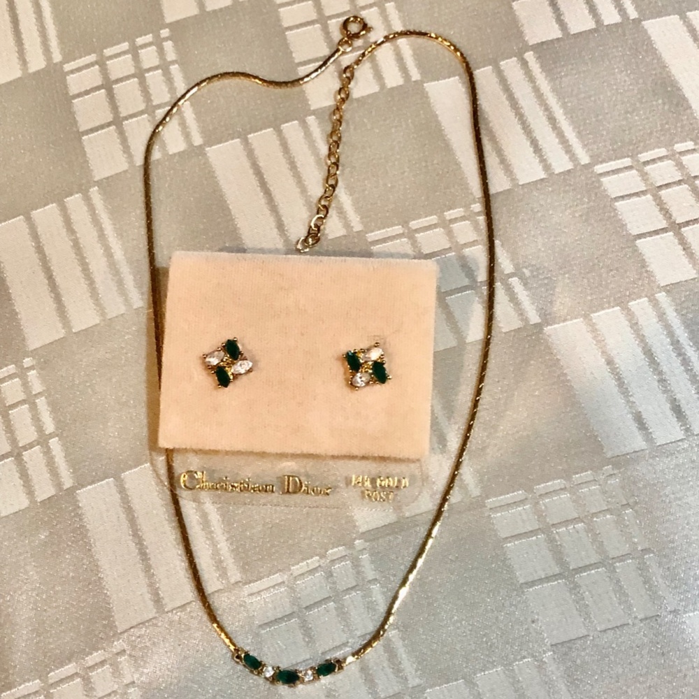 Christian Dior Emerald Green & Clear Chrystal Necklace & Pierced Earrings Set - Picture 7 of 8